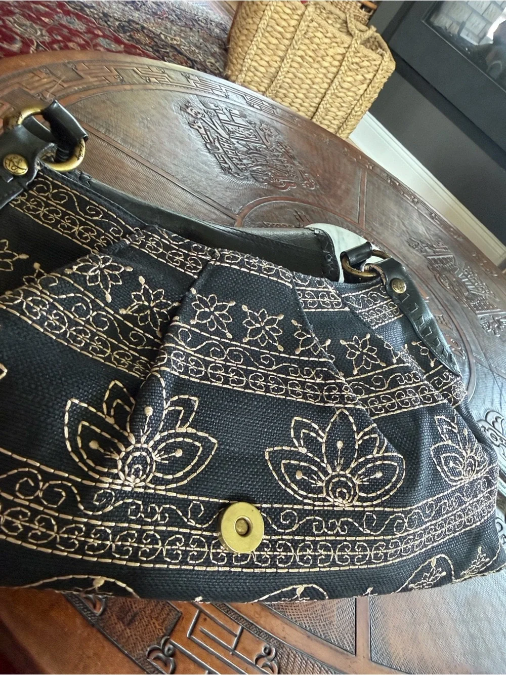 Kate Landry Black lotus flower Shoulder Bag with Gold Bamboo Accent